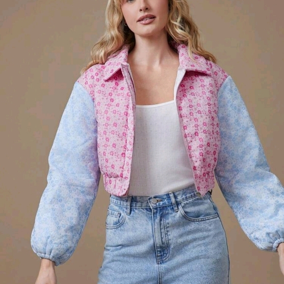 Spring Two Tone Colorblock Floral Patterned Brocade Jacquard Long Sleeve Jacket - Picture 1 of 7